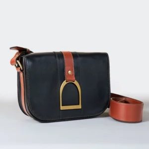 Signature Stirrup - Riding Stirrup Crossbody Luxury Leather Handbag in Cognac on Black-HT042